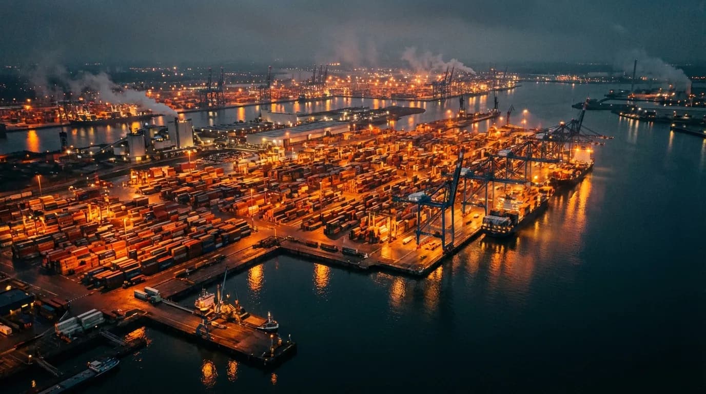 Aerial view of Rotterdam port with cargo containers and cocaine seizures